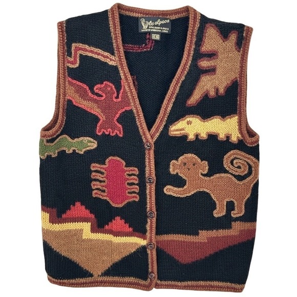La Alpaca Black XS 100 Baby Alpaca Native Peruvian Vest Animal Motif - AC